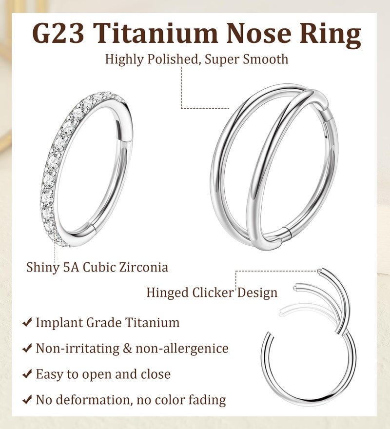 MJust 3pcs Nose Rings Hoops - G23 Pure Titanium Hinged Nose Hoops 16G/18G/20G CZ Clicker Septum Nose Ring Lip Helix Cartilage Hoop Earring Daith Rook Conch Body Piercing Jewelry for Women Men 6MM 8MM 10MM - Image 3