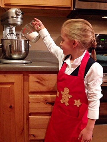 Making Believe Gingerbread Christmas Apron for Kids | Kitchen Apron With Pockets, Cute Holiday Thanksgiving Red Apron - Image 3