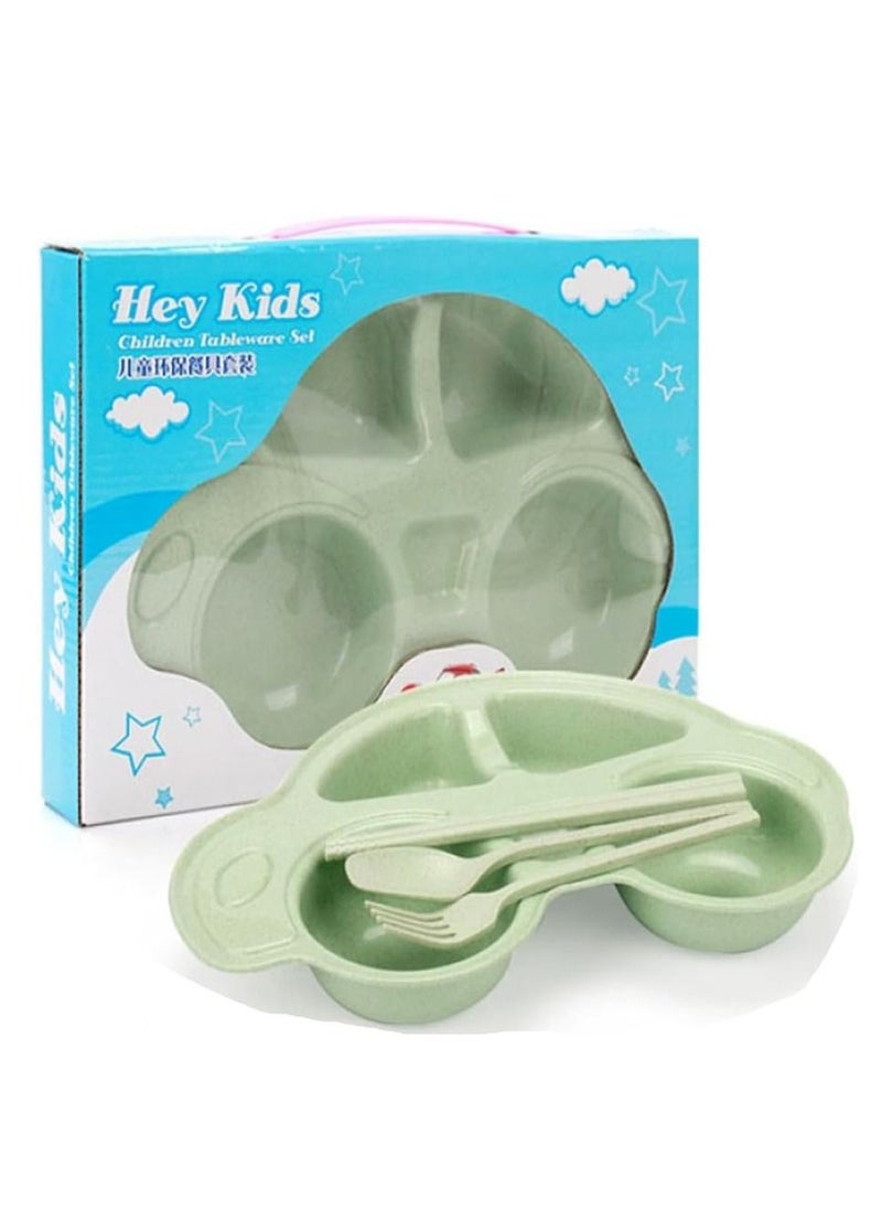 Brain Giggles BrainGiggles Car Shape Baby Food Plate with Anti-Slip Base and Cutlery Set - Mess-Free Mealtime Fun in Attractive Packaging - Ideal for Toddlers and Young Kids (Green)  - Image 1