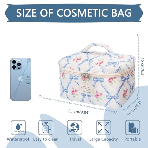Gosect Large Makeup Bag, Cute Cosmetic Bag for Women Girls, Floral Coquette Aesthetic Toiletry Bag, Travel Make Up Organizer Bag (Blue Butterfly) - Image 2