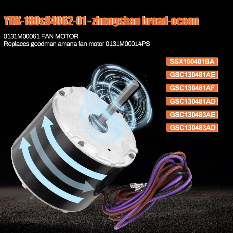 0131M00061SP 1/4 Hp محرك مروحة مكثف يستبدل محرك مروحة مكثف Goodman Zongshan Broad-Ocean Motor YDK-180S84062-01-830 RPM 1-Speed ​​يحل محل Amana Janitrol P/N: 0131M00014PS - Image 3