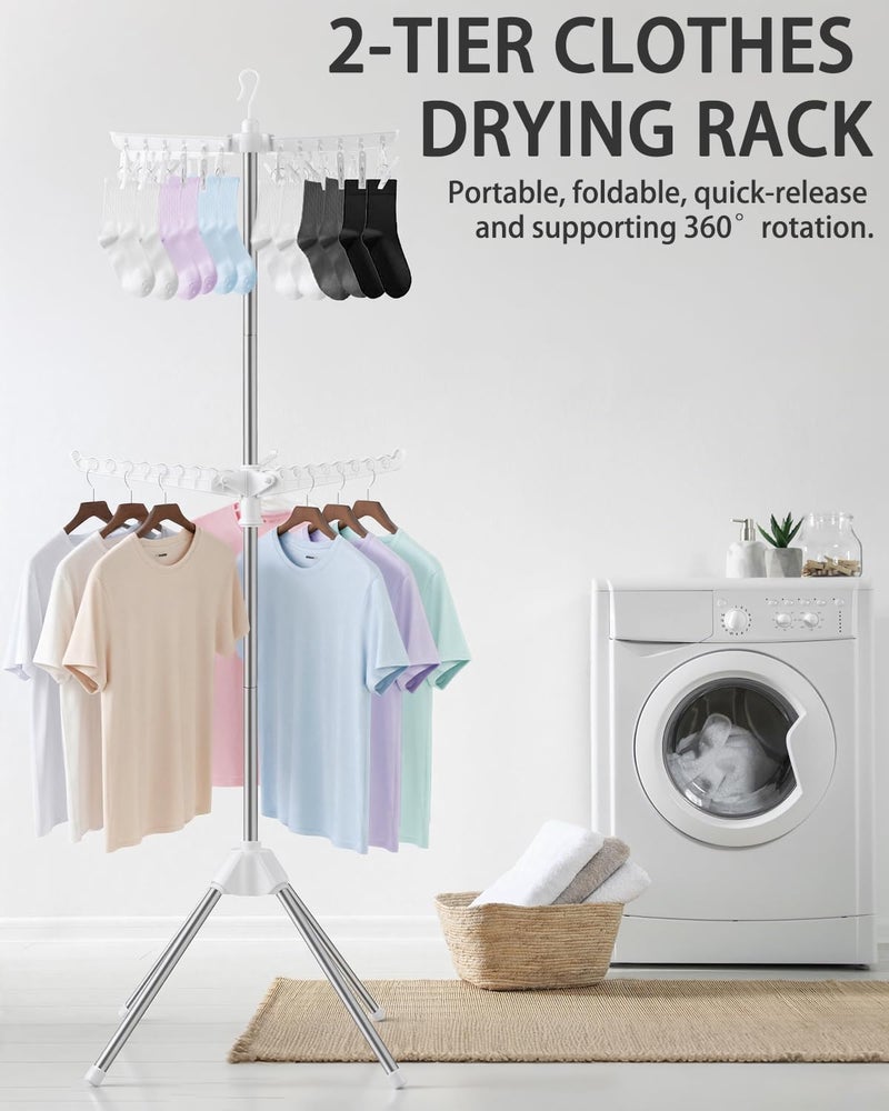 VewePata Foldable Clothes Drying Rack - 2 Tier Laundry Drying Rack, Portable Clothing Rack with Rotating Clothes Rail with 24 Clips and 3 Rotatable Arms, Suitable for Flats and Small Rooms - Image 2