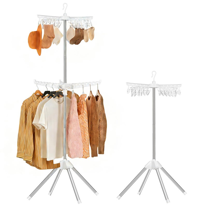 VewePata Foldable Clothes Drying Rack - 2 Tier Laundry Drying Rack, Portable Clothing Rack with Rotating Clothes Rail with 24 Clips and 3 Rotatable Arms, Suitable for Flats and Small Rooms - Image 1
