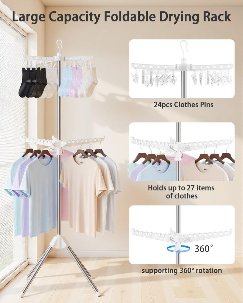 VewePata Foldable Clothes Drying Rack - 2 Tier Laundry Drying Rack, Portable Clothing Rack with Rotating Clothes Rail with 24 Clips and 3 Rotatable Arms, Suitable for Flats and Small Rooms - Image 3