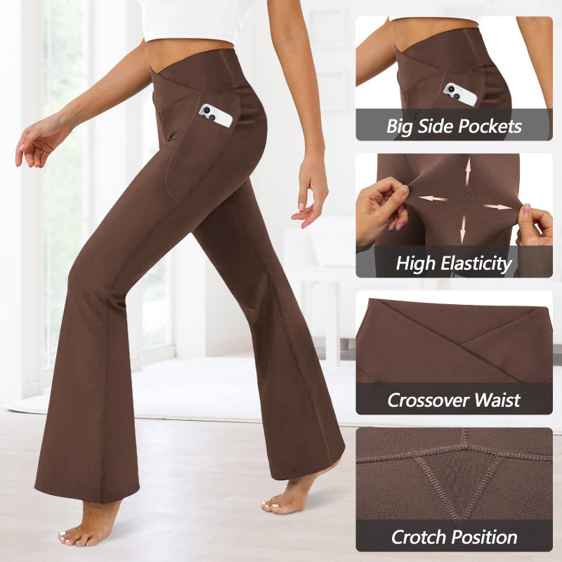 DLOODA Women's Flare Leggings with Pockets-Crossover High Waisted Bootcut Yoga Pants-Tummy Control Bell Bottom Leggings Brown - Image 5