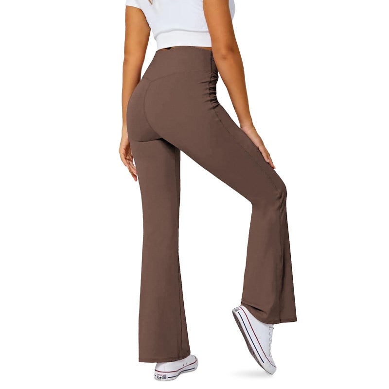 DLOODA Women's Flare Leggings with Pockets-Crossover High Waisted Bootcut Yoga Pants-Tummy Control Bell Bottom Leggings Brown - Image 4