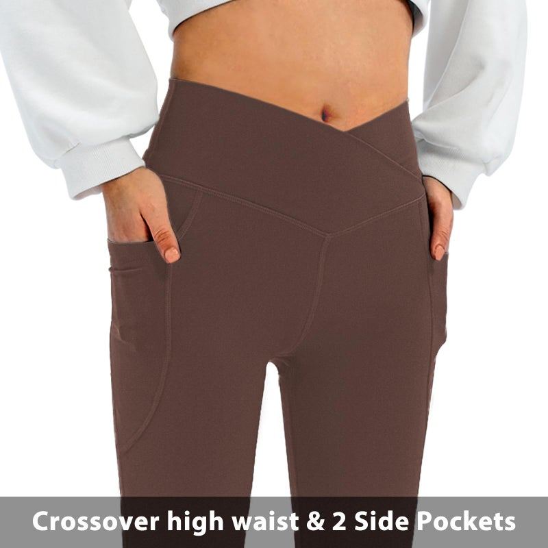 DLOODA Women's Flare Leggings with Pockets-Crossover High Waisted Bootcut Yoga Pants-Tummy Control Bell Bottom Leggings Brown - Image 3