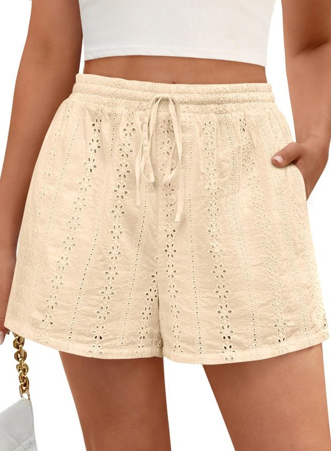 KIRUNDO Womens Shorts Casual Loose Eyelet Elastic Waist Drawstring Lounge Shorts Lace Boho Beach 2026 Spring Summer Outfits, Apricot, M - Image 1