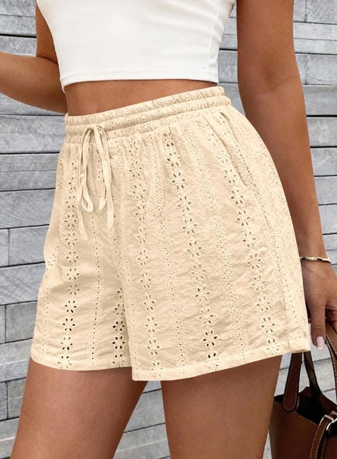 KIRUNDO Womens Shorts Casual Loose Eyelet Elastic Waist Drawstring Lounge Shorts Lace Boho Beach 2026 Spring Summer Outfits, Apricot, M - Image 4