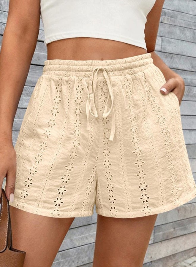 KIRUNDO Womens Shorts Casual Loose Eyelet Elastic Waist Drawstring Lounge Shorts Lace Boho Beach 2026 Spring Summer Outfits, Apricot, M - Image 3