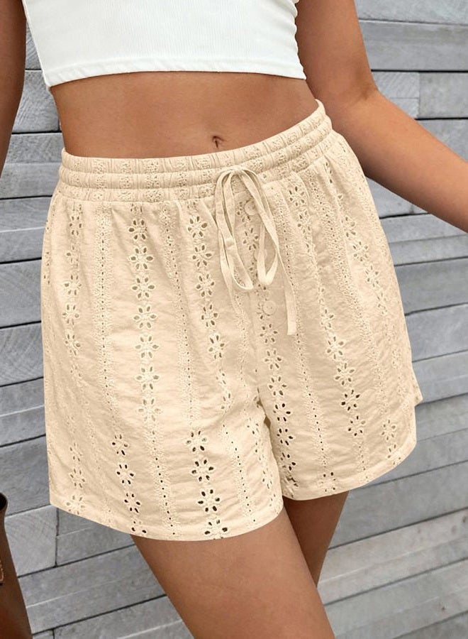 KIRUNDO Womens Shorts Casual Loose Eyelet Elastic Waist Drawstring Lounge Shorts Lace Boho Beach 2026 Spring Summer Outfits, Apricot, M - Image 5