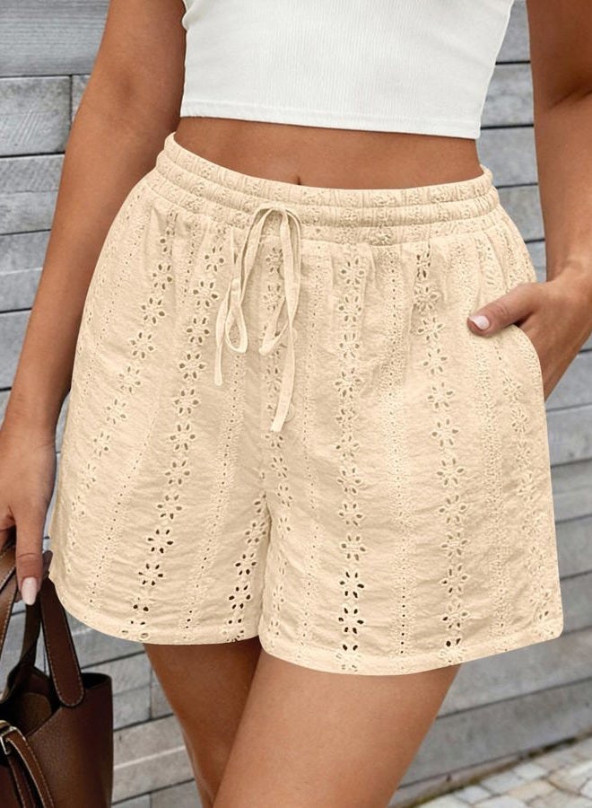 KIRUNDO Womens Shorts Casual Loose Eyelet Elastic Waist Drawstring Lounge Shorts Lace Boho Beach 2026 Spring Summer Outfits, Apricot, M - Image 2