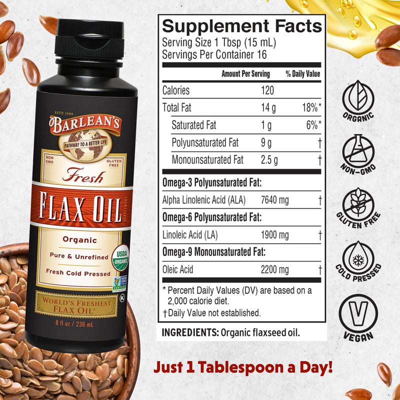 Barlean's Organic Flaxseed Oil Liquid from Fresh Cold Pressed Flax Seeds, 7,640mg ALA Omega 3 Fatty Acid Supplement for Skin and Hair Care, Vegan & Gluten Free, 8 oz - Image 2
