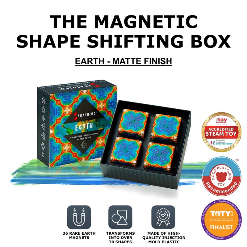 SHASHIBO Shape Shifting Box - Award-Winning, Patented Fidget Cube w/ 36 Rare Earth Magnets - Transforms Into Over 70 Shapes, Gift Box, Download Fun in Motion Toys Mobile App (Earth, 4 Pack) - Image 2
