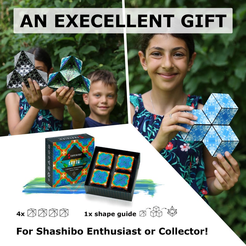 SHASHIBO Shape Shifting Box - Award-Winning, Patented Fidget Cube w/ 36 Rare Earth Magnets - Transforms Into Over 70 Shapes, Gift Box, Download Fun in Motion Toys Mobile App (Earth, 4 Pack) - Image 5
