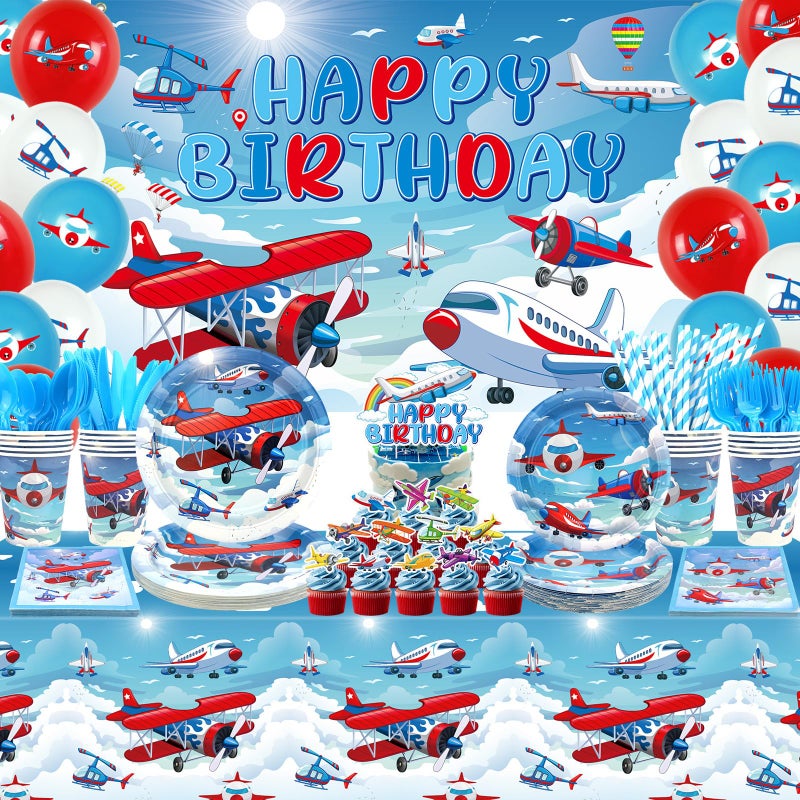 LSJDEER Airplane Birthday Party Decorations Airplane Party Supplies Plates Cups Napkins Tablecloth Happy Birthday Backdrop Balloon Cake Toppers for Plane Theme Party Baby Shower Supplies - Image 3