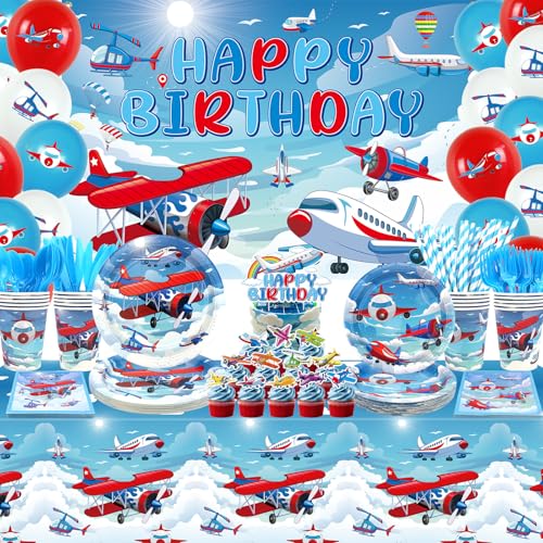 LSJDEER Airplane Birthday Party Decorations Airplane Party Supplies Plates Cups Napkins Tablecloth Happy Birthday Backdrop Balloon Cake Toppers for Plane Theme Party Baby Shower Supplies - Image 1