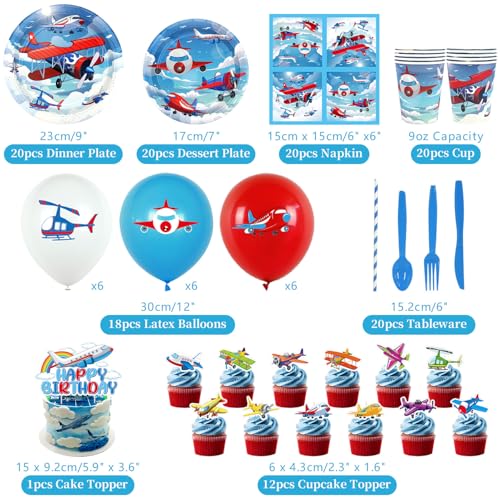 LSJDEER Airplane Birthday Party Decorations Airplane Party Supplies Plates Cups Napkins Tablecloth Happy Birthday Backdrop Balloon Cake Toppers for Plane Theme Party Baby Shower Supplies - Image 5