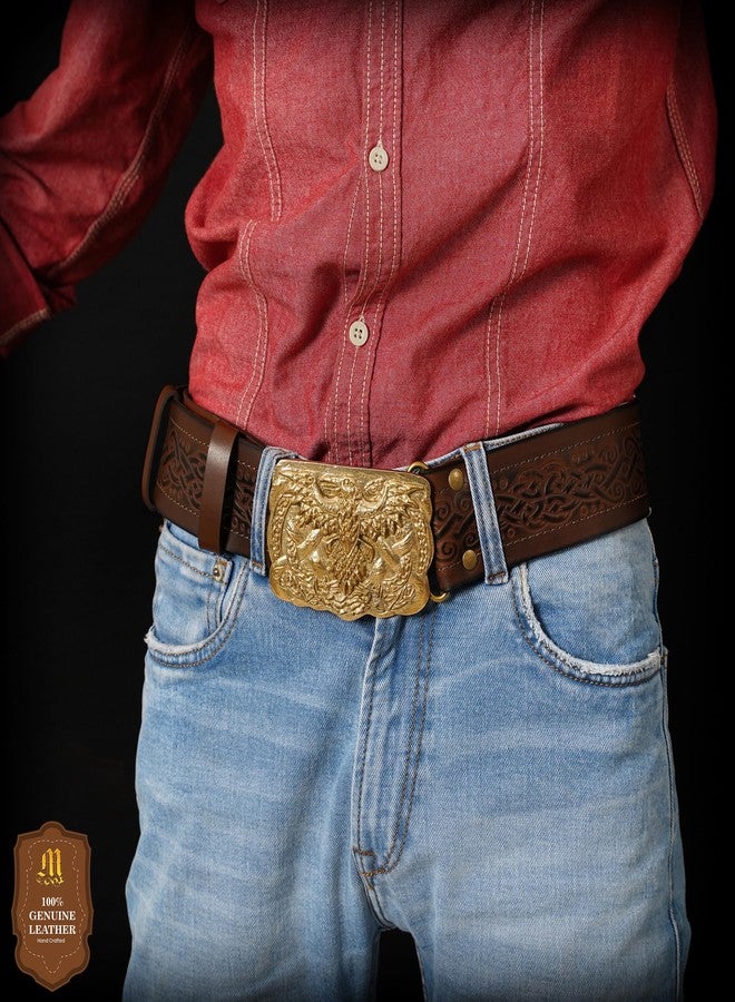 ميثروجان حزام جلدي من ميثروجان، حزام فايكنج من القرون الوسطى منقوش عليه شعار أودين وغراب، إبزيم من النحاس الصلب، حزام محارب فارس من عصر النهضة، حزام من الجلد الطبيعي، إكسسوارات أزياء الفايكنج للعب الأدوار الحية - بني - طول 45.25 بوصة - Image 5