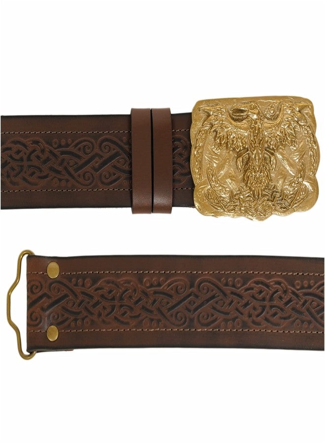 ميثروجان حزام جلدي من ميثروجان، حزام فايكنج من القرون الوسطى منقوش عليه شعار أودين وغراب، إبزيم من النحاس الصلب، حزام محارب فارس من عصر النهضة، حزام من الجلد الطبيعي، إكسسوارات أزياء الفايكنج للعب الأدوار الحية - بني - طول 45.25 بوصة - Image 4