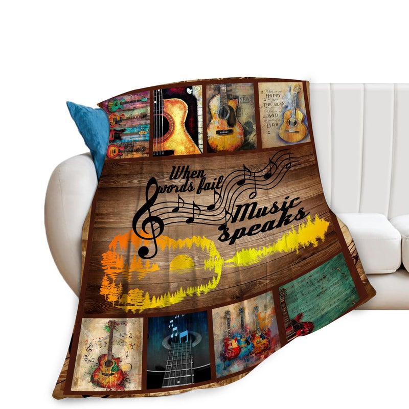 Fuzawet Music Note Blanket Vintage Guitar Throws Gifts for Girls Boys Retro Musical Instruments Print Blankets Plush Fleece Fuzzy Super Soft Warm Cozy Stuff for Couch Bed Sofa Decor for Men Women 50""x40"" 