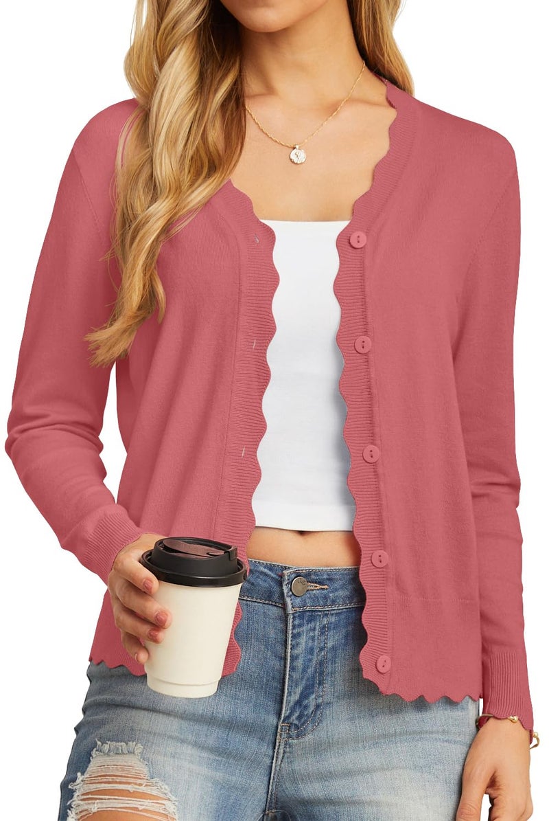 GRECERELLE Women's Long Sleeve V-Neck Button Down Cardigan Knit Shrugs Sweaters, Coral Red, X-Large - Image 1