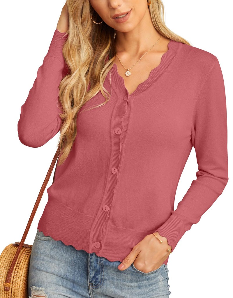 GRECERELLE Women's Long Sleeve V-Neck Button Down Cardigan Knit Shrugs Sweaters, Coral Red, X-Large - Image 3