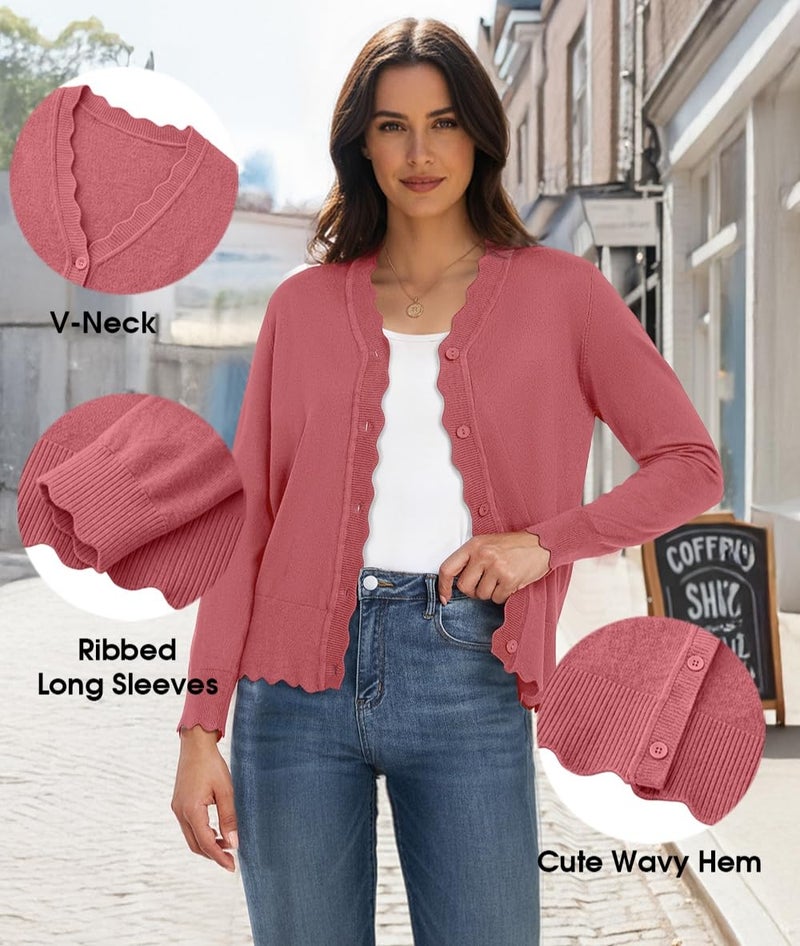 GRECERELLE Women's Long Sleeve V-Neck Button Down Cardigan Knit Shrugs Sweaters, Coral Red, X-Large - Image 5