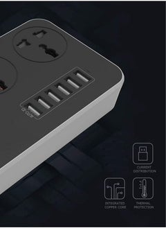 JAJEEK 3-Way Power Extension Cord – 6 USB Charging Ports, 3 Universal Plugs, 2 Meter Surge Protection Cable for Home and Office Use  - Image 4
