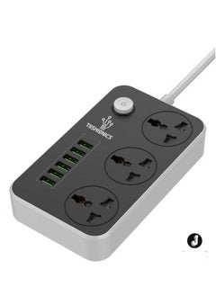 JAJEEK 3-Way Power Extension Cord – 6 USB Charging Ports, 3 Universal Plugs, 2 Meter Surge Protection Cable for Home and Office Use  - Image 1