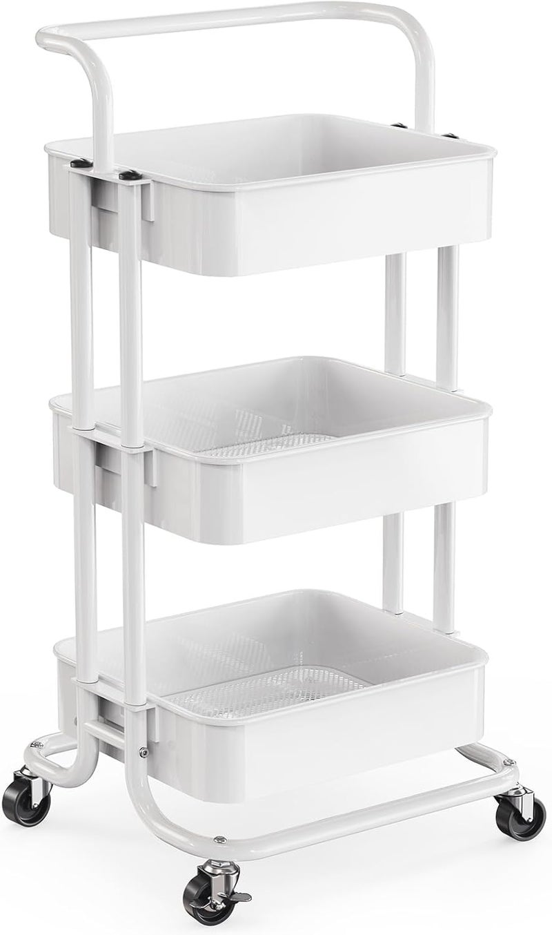 Pipishell 3 Tier Mesh Utility Cart, Rolling Metal Organization Cart with Handle and Lockable Wheels, Multifunctional Storage Shelves for Kitchen Living Room Office White - Image 1