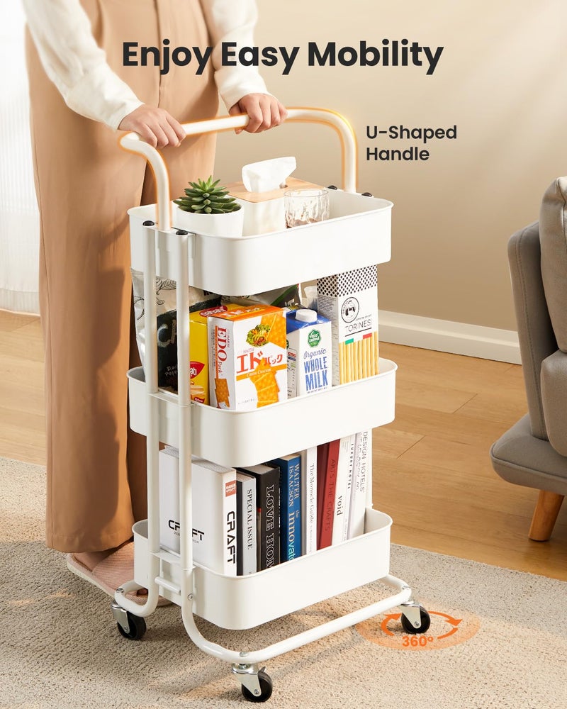 Pipishell 3 Tier Mesh Utility Cart, Rolling Metal Organization Cart with Handle and Lockable Wheels, Multifunctional Storage Shelves for Kitchen Living Room Office White - Image 3
