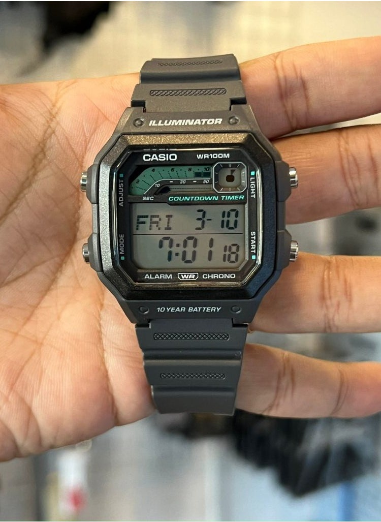 CASIO Casio Illuminator 10-Year Battery Countdown Timer Alarm Chronograph Men's Digital Watch WS1600H-8AV, Dark Grey  - Image 4