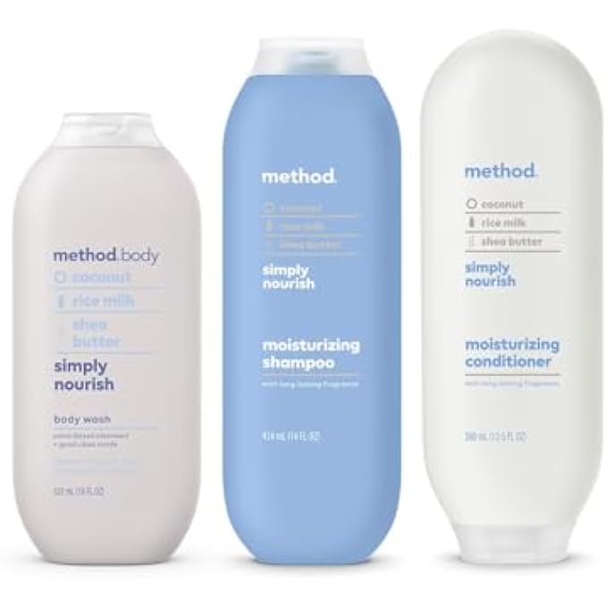 Method Hair and Body Variety Pack - Simply Nourish - Shampoo 14 oz, Conditioner 13.5 oz, Body Wash 18 oz