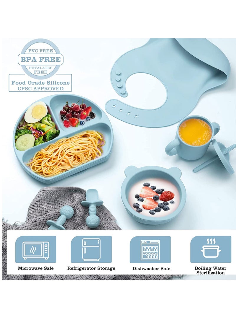 LINJIE Baby Feeding Set Baby Tableware Set With Suction Bowl Divided Plate Baby Led Weaning Supplies With Spoons Forks Sippy Cup Adjustable Bib Eating Utensils for 6 Plus Months Blue - Image 2