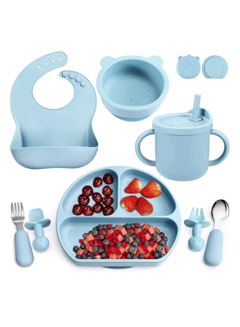 LINJIE Baby Feeding Set Baby Tableware Set With Suction Bowl Divided Plate Baby Led Weaning Supplies With Spoons Forks Sippy Cup Adjustable Bib Eating Utensils for 6 Plus Months Blue - Image 1