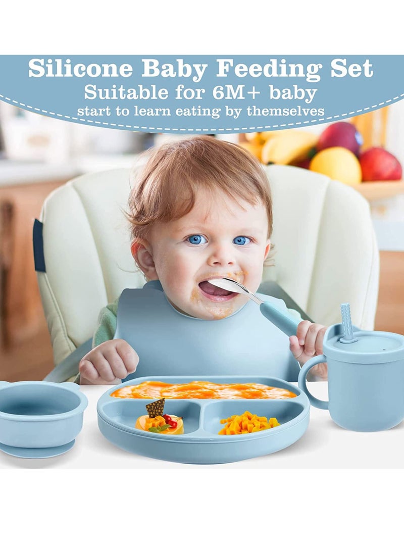 LINJIE Baby Feeding Set Baby Tableware Set With Suction Bowl Divided Plate Baby Led Weaning Supplies With Spoons Forks Sippy Cup Adjustable Bib Eating Utensils for 6 Plus Months Blue - Image 3