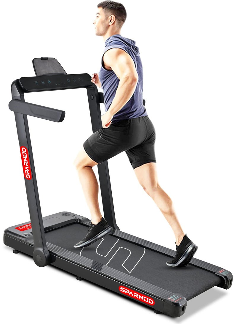 Sparnod Fitness جهاز مشي Sparnod Fitness STH-3060 فائق النحافة 2 في 1 قابل للطي تحت المكتب للاستخدام المنزلي - 4 HP Peak، مثبت مسبقًا، مكبرات صوت بلوتوث، يمكن تخزينه تحت السرير/الأريكة، وزن المستخدم 110 كجم - Image 1