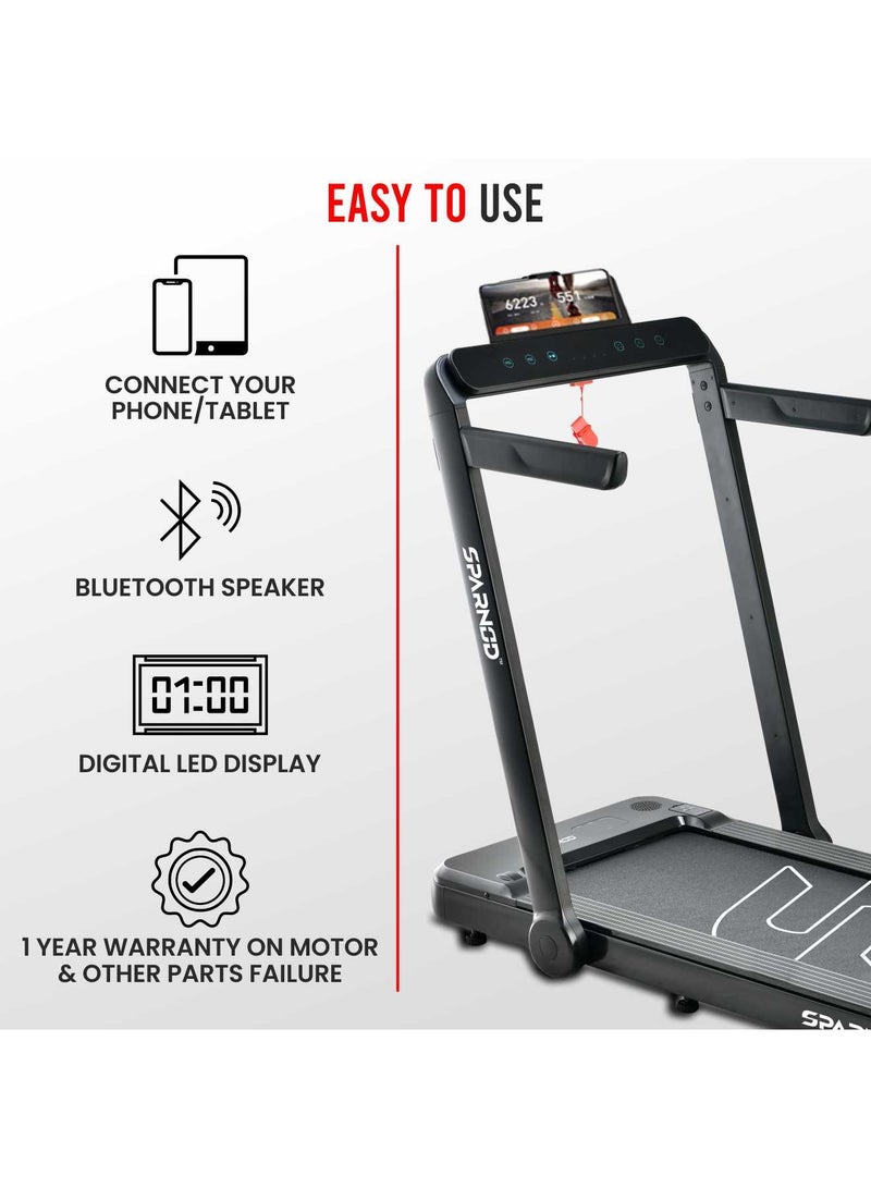 Sparnod Fitness جهاز مشي Sparnod Fitness STH-3060 فائق النحافة 2 في 1 قابل للطي تحت المكتب للاستخدام المنزلي - 4 HP Peak، مثبت مسبقًا، مكبرات صوت بلوتوث، يمكن تخزينه تحت السرير/الأريكة، وزن المستخدم 110 كجم - Image 5