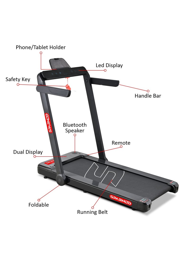 Sparnod Fitness جهاز مشي Sparnod Fitness STH-3060 فائق النحافة 2 في 1 قابل للطي تحت المكتب للاستخدام المنزلي - 4 HP Peak، مثبت مسبقًا، مكبرات صوت بلوتوث، يمكن تخزينه تحت السرير/الأريكة، وزن المستخدم 110 كجم - Image 3