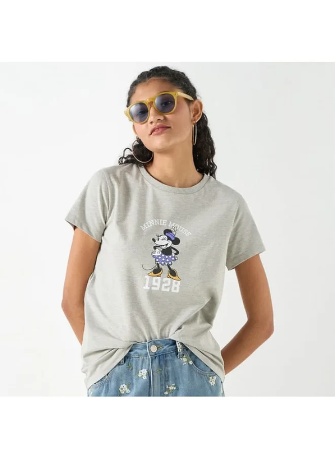 SP Characters Minnie Mouse Print Crew Neck T-shirt with Short Sleeves