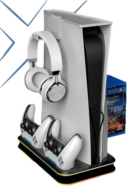 دعم PS5 و محطة التبريد ، مع وحدة تحكم مزدوجة محطة شحن بلاي ستيشن 5 تعزية ، PS5 الملحقات ، بما في ذلك وحدة تحكم شاحن ، مروحة تبريد ، سماعة الدعم ( PS5 - الدهون نسخة 2023 )