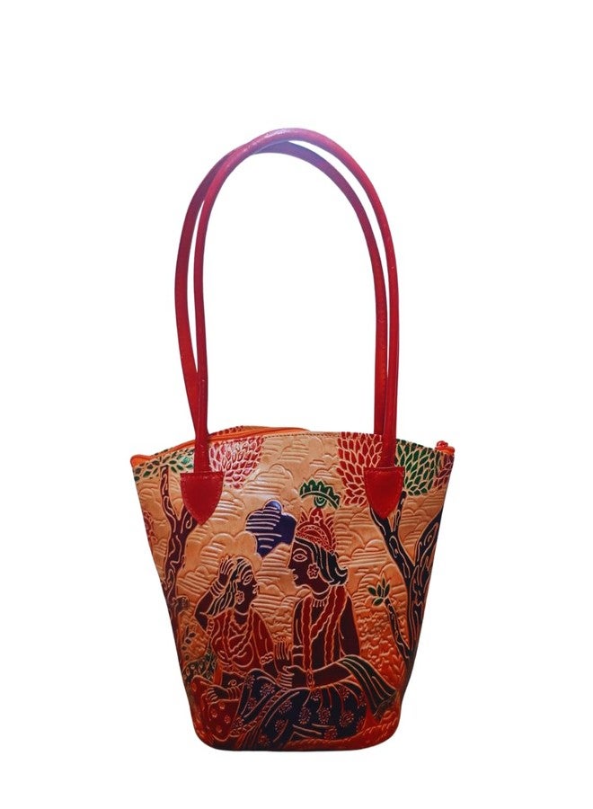 Chitrahar Shantiniketan Genuine Leather Handcrafted Floral and Geometric Motif Large Size Hand Bag For Women (Orange) - Image 1