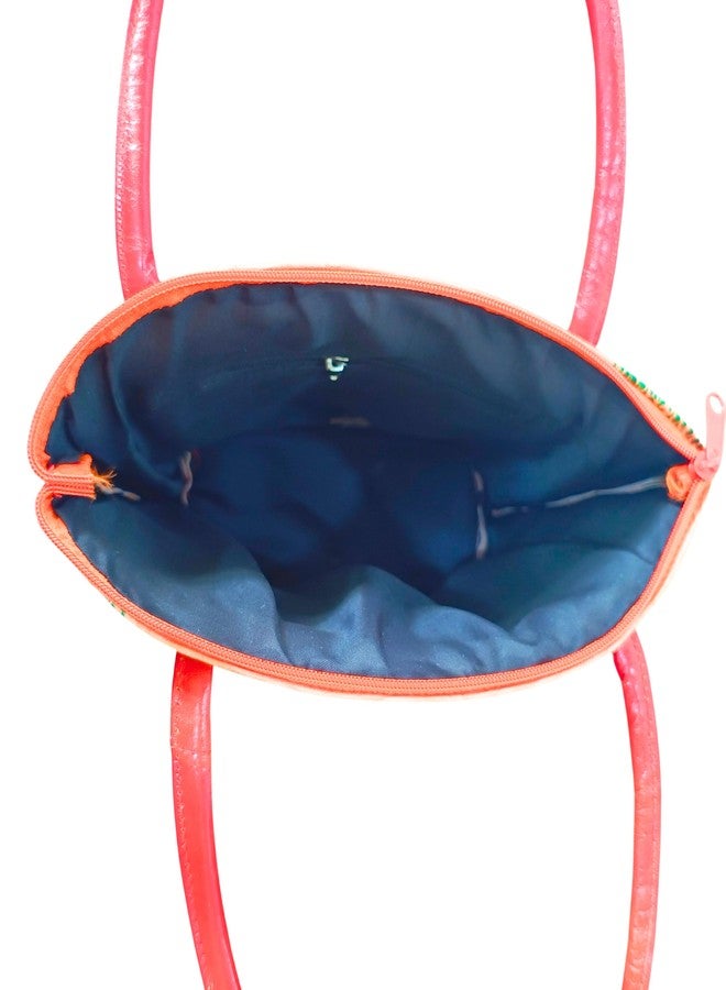 Chitrahar Shantiniketan Genuine Leather Handcrafted Floral and Geometric Motif Large Size Hand Bag For Women (Orange) - Image 2