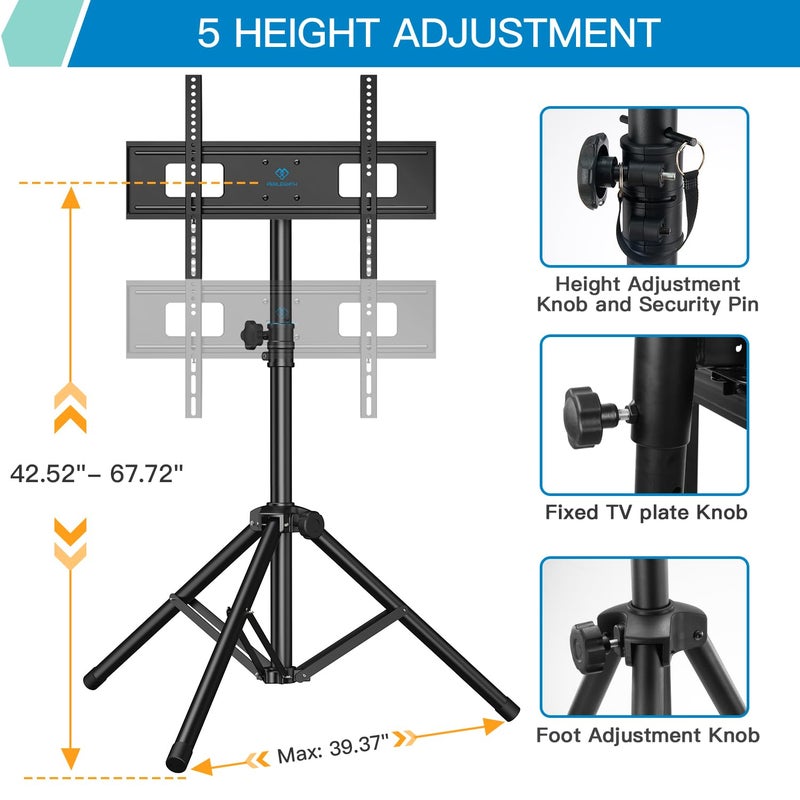 PERLESMITH TV Tripod Stand with Â±20Â° Tilt and 360Â° Swivel,Portable TV Stand for 37-85 Inch LED LCD OLED Flat Screen TVs,Height Adjustable Outdoor TV Stand with VESA 600x400mm up to 110 lbs PSTM2 - Image 4