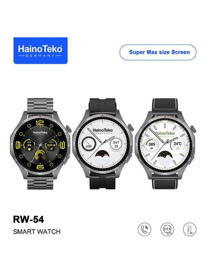 Haino Teko The RW54 smartwatch features a super-max display, a stunning size, and a sleek design. Three pairs of straps to suit your everyday style. Now, time is more sophisticated with Haino Teko. - Image 2