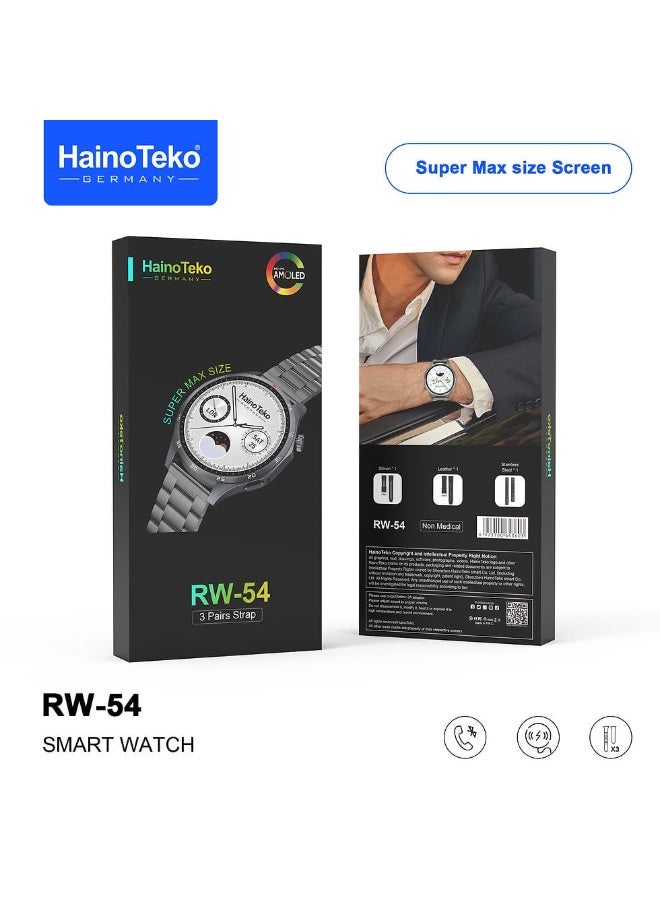 Haino Teko The RW54 smartwatch features a super-max display, a stunning size, and a sleek design. Three pairs of straps to suit your everyday style. Now, time is more sophisticated with Haino Teko. - Image 3