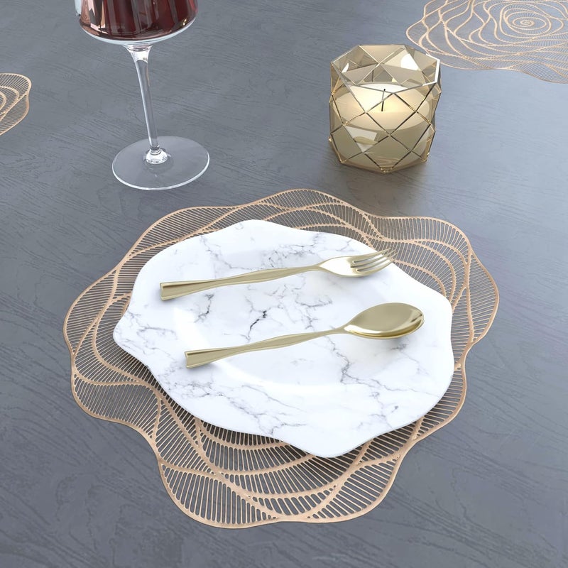 GROKI PVC Golden Placemats for Dining Table wipeable Washable Non Slip Round mats Pack of 6 - Image 1