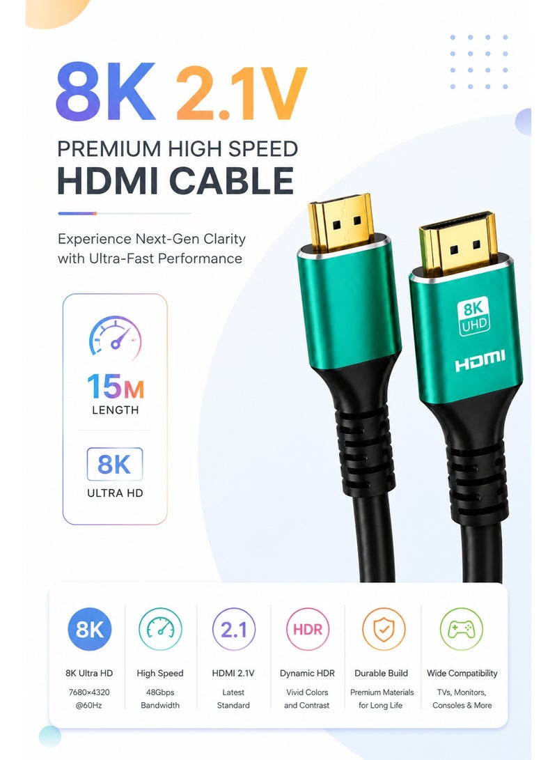 HD 8K HDMI 2.1 High Speed Cable 15M – Gold Plated Connector, 48Gbps Bandwidth, Dynamic HDR, Ultra HD Video & Audio Cable for TV, Monitor, Projector, Gaming Console & PC - Image 1
