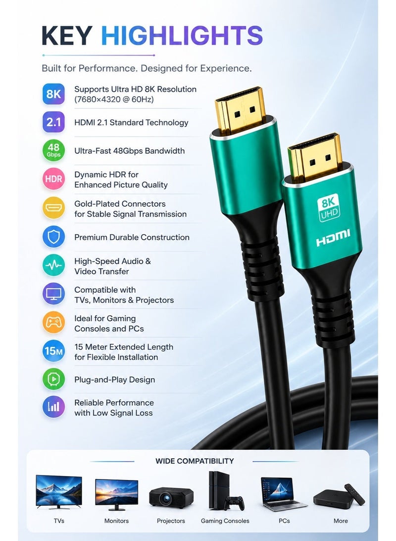 HD 8K HDMI 2.1 High Speed Cable 15M – Gold Plated Connector, 48Gbps Bandwidth, Dynamic HDR, Ultra HD Video & Audio Cable for TV, Monitor, Projector, Gaming Console & PC - Image 5